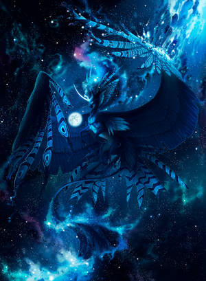 Creatură mistică unicorn cu aripi fantastice de metal albastru de pasăre într-o galaxie strălucitoare.