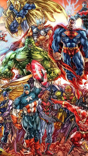 Fundal colorat de benzi desenate Marvel cu eroi și răufăcători.