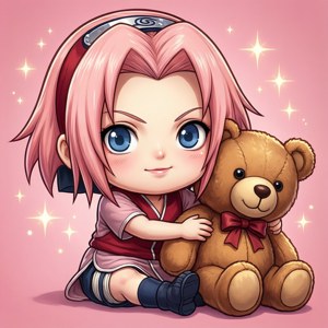 Sakura chibi adorabilă alături de ursul ei cel mare. — Infinix Zero Fundal