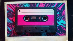 O casetă vibrantă pe un fundal abstract neon.