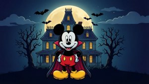 Mickey Mouse ca vampir în stil vectorial plat, alături de un conac bântuit.