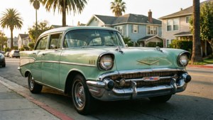 Un Chevrolet Bel Air clasic verde mentă într-un cartier retro însorit