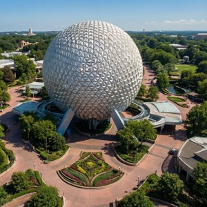 Perspectivă aeriană a Epcot Ball și peisajul parcului înconjurător. — Pixel Watch 4 Fundal