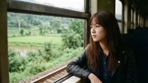 Vivo privește pe fereastra unui tren peisajele verzi. — Vivo Fundal