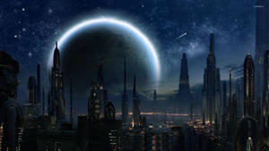 Fundal Războiul Stelelor cu clădiri înalte și luna mare Coruscant în orașul modern.