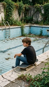 Băiat skater vintage odihnindu-se într-o piscină crăpată și goală, acoperită de vegetație. — Estetică skater boy Fundal