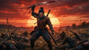Sekiro triumfător stă deasupra dușmanilor căzuți la amurg imagine de fundal