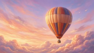 Balon cu aer cald plutind într-un cer pastelat la apus, cu nori dedesubt.