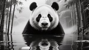 Panda în dublă expunere cu reflexia pădurii, tapet suprarealist alb-negru. — Panda Fundal