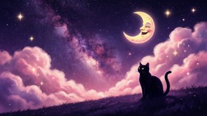Cer nocturn de galaxie cu estetică jucăușă, cu lună zâmbitoare și siluetă de pisică — Drăguț estetic GIF Fundal