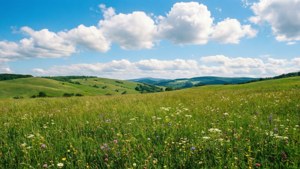 O pajiște verde strălucitor cu flori sălbatici și cer albastru, o scenă estivală veselă. — Estetică verde GIF Fundal