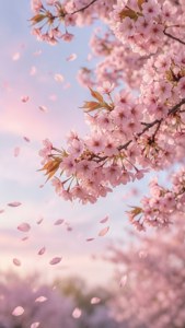 Floare de cireș de un roz pal plutind într-un cer pastelat, întruchipând estetica roz deschis. — Roz deschis estetic Fundal