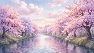Un râu senin mărginite de flori de cireș pastelate, atmosferă estetică și delicată. — Estetică moale Fundal