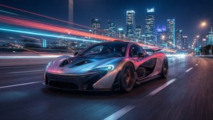 O mașină sport pe o autostradă neon noaptea, în format ultrawide. — 2560x1080 Fundal