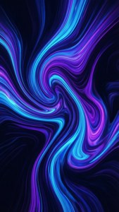 Artă abstractă vibrantă cu fluid, vârtejuri neon albastre și violet pe fundal întunecat, perfectă pentru iPhone Xs.