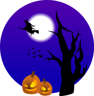 Vrăjitoare de Halloween zburând pe lună plină — Kawaii halloween Fundal