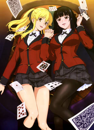 Wallpaper Kakegurui cu personajele Yumeko Jabami și Mary Saotome ținându-se de mână. — OnePlus Pad 3 Fundal