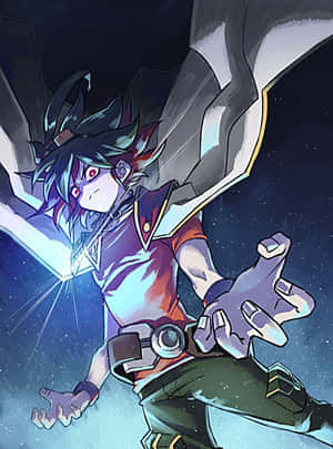 Yuya Sakaki într-o poză dinamică în costumul său Duel Monsters — Kindle Fundal