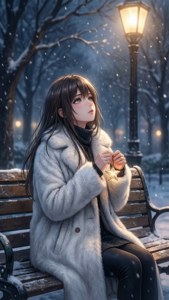 Fetita anime stând pe o bancă în zăpadă sub un lampadar