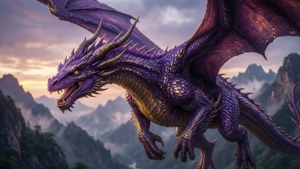 Scenă fantastică epică cu un dragon purpuriu zburând peste munți. — Mov Fundal