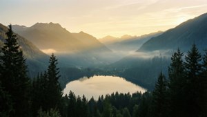 Răsărit liniștit peste munți și lac, în format ultrawide.
